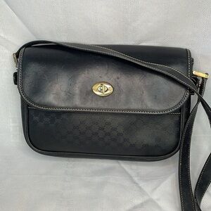 Vintage Gucci Black Monogram GG Leather Flap Turnlock Crossbody Bag